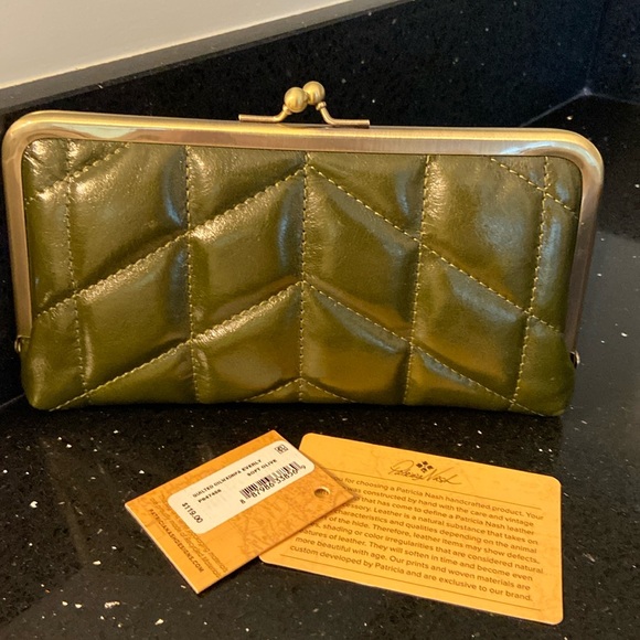 Patricia Nash Handbags - Patricia Nash Soft Olive Quilted Leather Everly Kiss Lock Frame Wallet Clutch